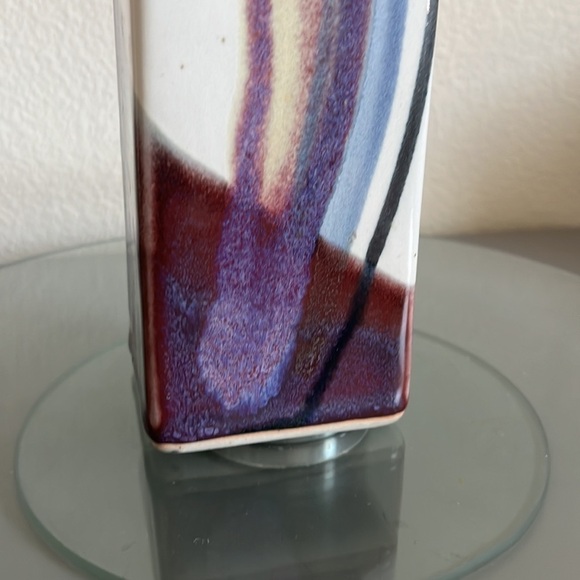 Handmade Studio Pottery Vase Blues‎ Purple Artist Signed Rectangle 10” Earthware - Picture 7 of 9